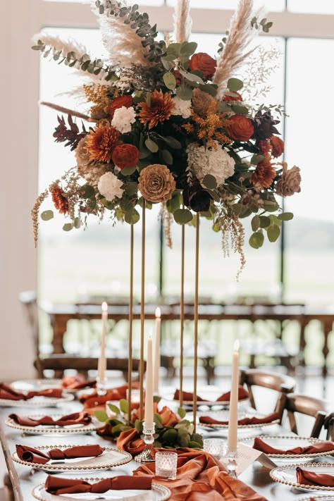 Cheyenne + Keeton: Rustic Boho Autumn Wedding — Nature's Design Floral | Luxury Wedding Flowers Rustic Centrepiece Wedding, Terracotta Wedding Flowers Centerpiece, Fall Aisle Flowers, Autumn Wedding Flowers Centerpieces, Fall Wedding Flowers Centerpieces, Tall Fall Centerpieces, October Wedding Florals, Dark Flowers Wedding, Autumn Wedding Aesthetic