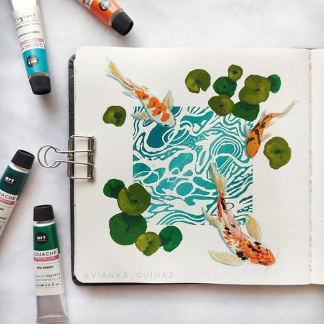 Watercolor With Masking Fluid, Koi Pond Watercolor, Koi Gouache, Koi Pond Drawing, Gouche Painting Ideas Easy, Vianka Guinaz, Cool Watercolor Paintings, Masking Fluid Watercolor, Watercolor Pen Art