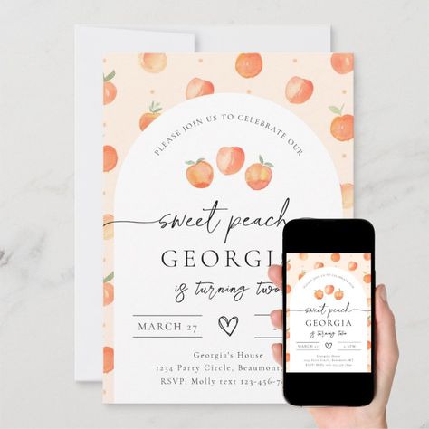 Peach Birthday Invitation  Watercolor Peach  Zazzle Country Birthday Invitations, Sweet Peach First Birthday, One Sweet Peach Birthday, Peach Birthday Invitation, Gigi Birthday, Peach First Birthday, One Sweet Peach, Summer Birthday Invitations, Peach Birthday