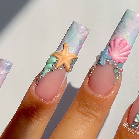 Seashell Nails Acrylic, Seashells Nails Design, Clay Nails, Seashell Nail Tutorial, 3d Shell Nails, She’ll Nails 3d, Nail Making, Seashell Nails, Hawaii Nails