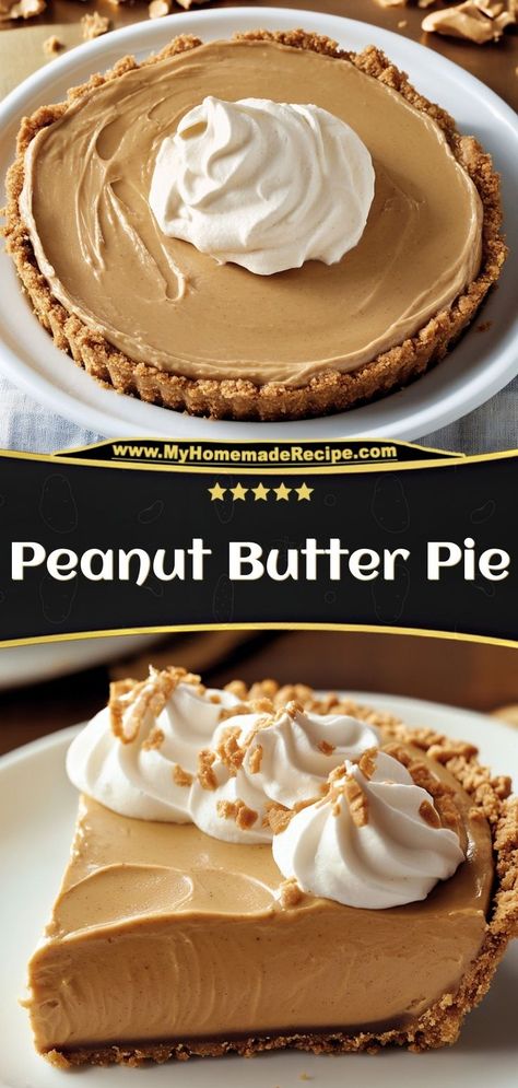 This peanut butter pie is creamy, rich, and topped with a smooth chocolate ganache. A delightful no-bake dessert for peanut butter lovers! Ingredients: 8 oz cream cheese 1 cup peanut butter 1 cup whipped cream ½ cup chocolate ganache Make this peanut butter pie for a decadent dessert that’s perfect for any occasion Peanut Butter Pie With Cream Cheese, Peanut Butter Pie Cookies, Yoders Peanut Butter Pie, Taste Of Home Peanut Butter Pie, Peanut Butter Fluff Pie, Peanut Butter Cream Cheese Filling, Cream Pies With Graham Cracker Crust, Choc Peanut Butter Pie, Peanut Butter Pie No Cream Cheese