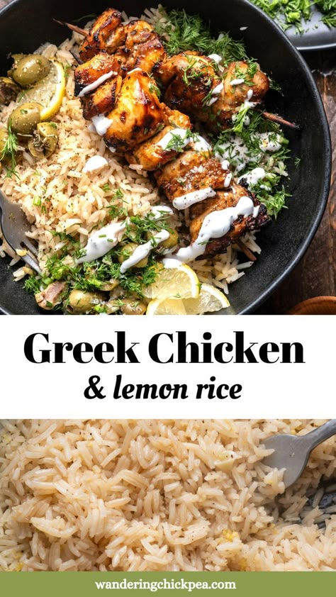 Marinated Greek-inspired chicken skewers cooked under the broiler (or in the air fryer!) until crisp, served over fluffy lemon infused rice with yogurt and fresh dill. Quick and simple, perfect for meal prep or a weeknight dinner. Healthy Recipes Budget, Meal Prep College, Greek Chicken Skewers, Fish Rice, Greek Dinners, Making Chicken, Mediterranean Diet Recipes Dinners, Easy Mediterranean Diet Recipes, Lemon Rice