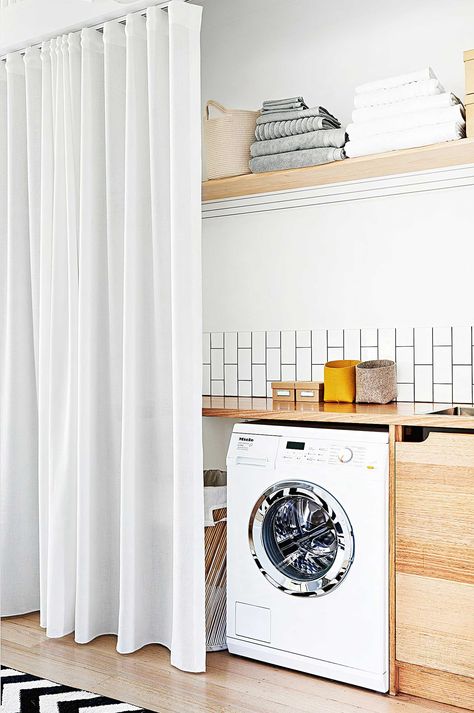 Laundry Room Curtains, Laundry Cupboard, Laundry Nook, Laundry Design, Room Makeovers, Laundry Room Remodel, Laundry Closet, Small Laundry Room, Small Laundry