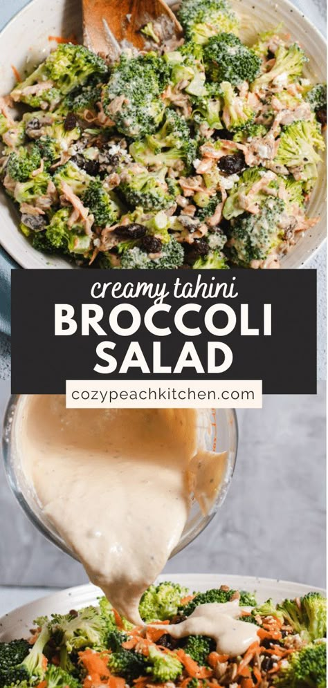 This creamy Tahini Broccoli Salad is a flavorful and easy way to mix up a classic summer recipe! Perfect for BBQs, picnics or as a vegetarian side. #vegetarian #broccoli #potluckrecipes Broccoli Salad With Tahini Dressing, Easy Broccoli Salad Healthy, Broccoli Chopped Salad, Tahini Broccoli Crunch Salad, Mediterranean Broccoli Salad, Cold Broccoli Recipes, Creamy Tahini Broccoli Crunch Salad, Brocolli Salad Recipes Healthy, Broccoli Bean Salad