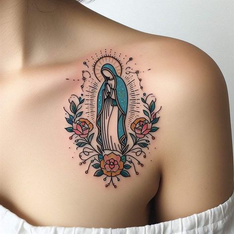 Virgin Mary Tattoo Color, Feminine Rosary Tattoo, Hispanic Inspired Tattoos, Mother Teresa Tattoo, Mama Mary Tattoo, Virgin Mary Tattoo For Women, Immaculate Heart Of Mary Tattoo, Lady Of Guadalupe Tattoo, Small Virgin Mary Tattoo