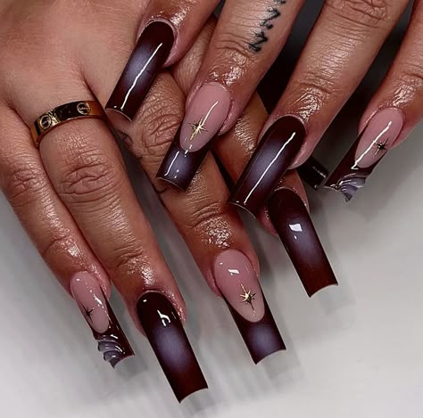 Fancy Acrylic Nails Classy, Designed Acrylic Nails, Dark Aesthetic Nails, Nails Dark Colors, Ambre Nails, Dark Color Nails, Nails Pictures, Boujee Nails, Quinceanera Nails