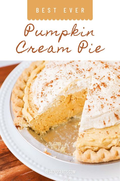 A light and fluffy spiced pumpkin filling topped with whipped cream and surrounded by a flakey pie crust, this is Pumpkin Cream Pie! Pumpkin Cream Pie Pioneer Woman, Fall Cream Pie Recipes, Pumpkin Whip Pie, Pumpkin Pie Recipe With Pumpkin Pie Spice, White Pumpkin Pie From Scratch, Frost On The Pumpkin Pie, Pumpkin Crème Pie, Pumpkin Pie With Whipped Cream, White Pumpkin Pie Recipe