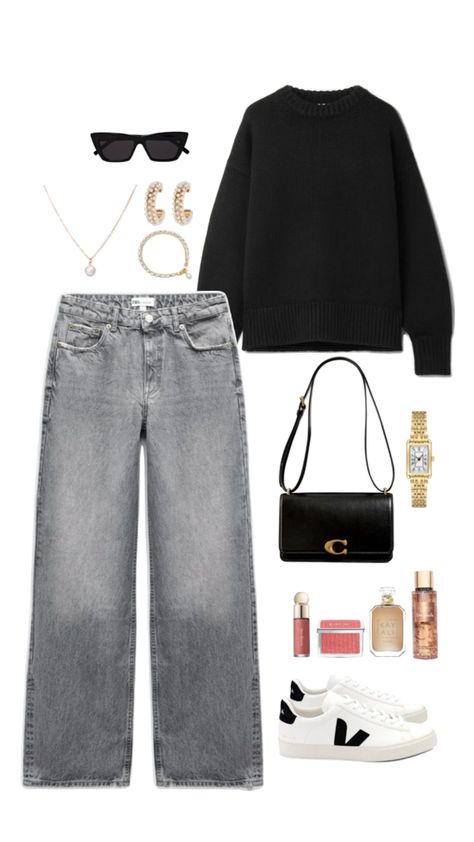 Spring outfit idea, fashion inspiration, inspo, grey wide leg jeans, veja shoes, black sweater, accessories, sunglasses, coach purse, golden pearls jewells. #ad #sponsored Jeans - https://amzn.to/49W36fv Pullover - https://amzn.to/3Whvwgz Shoes - https://amzn.to/3xVqFrq Bag - https://amzn.to/3Wk82Yw Sunglasses - https://amzn.to/4b8pcgl Accessories - https://amzn.to/3Wh7v9q https://amzn.to/3xVuCMS https://amzn.to/4da8oqB https://amzn.to/3WkIYAq https://amzn.to/4bhPcWd https://amzn.to/4dhDAE9 Outfit With Black Wide Leg Jeans, Women Wide Leg Jeans Outfit, Grey Wide Jeans Outfit, Wide Straight Leg Jeans Outfits, Wide Leg Grey Jeans Outfit, Black Grey Jeans Outfit, Outfit With Straight Jeans, Black Sweater With Jeans, Grey Wide Leg Jeans Outfit