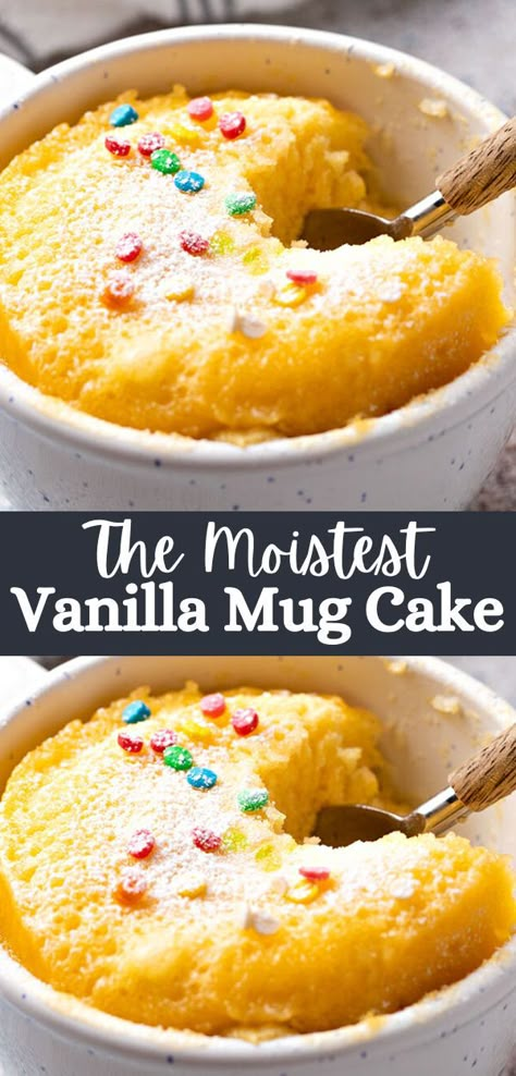 Moist Mug Cake, Mug Dessert Recipes, Vanilla Mug Cake, Mug Dessert, Microwave Mug Cake, Microwave Mug Recipes, Mug Cake Recipes, Microwave Dessert, Easy Mug Cake