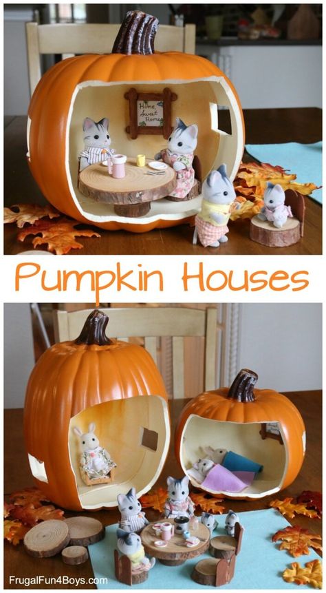 How to Make an Absolutely Adorable Pumpkin Doll House (with Accessories!) - Frugal Fun For Boys and Girls Forest Doll House, Peg Doll Accessories, Calico Critter House Makeover, Diy Calico Critters Furniture, Autumn Peg Dolls, Calico Critters Crafts, Calico Critter Crafts, Sylvanian Families House Diy, Calico Critters House Ideas