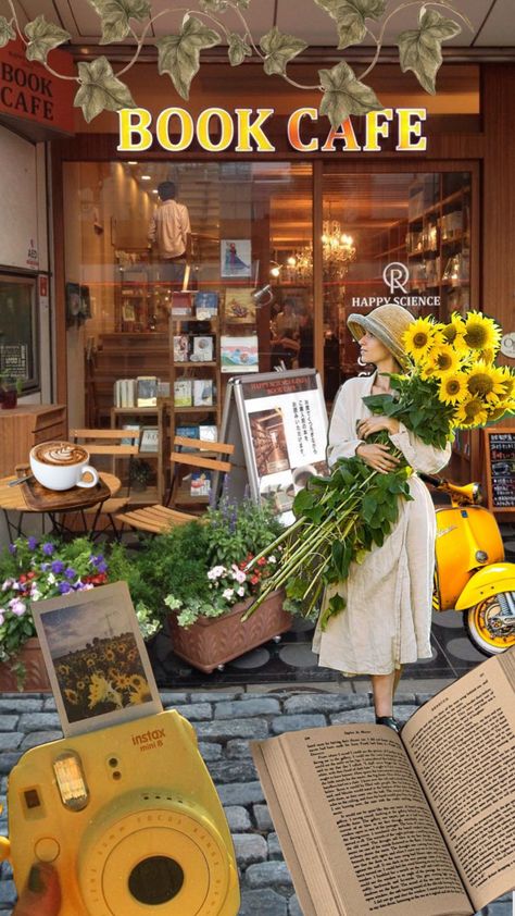 Flowers on a Sunday #yellow #books #collage #moodboard Flower And Book Shop, Coffe Flowers Shop, Flower Book Cafe, Vintage Book Cafe Aesthetic, Books And Sunflowers Aesthetic, Flower Cafe, Library Cafe, Bookstore Cafe, Making A Vision Board