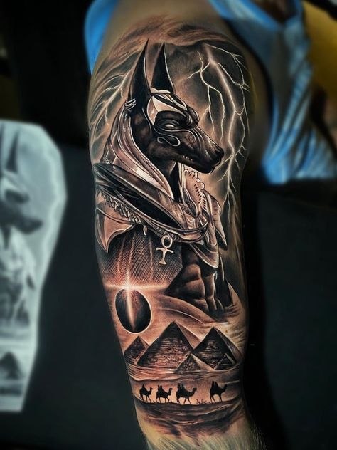 Ra And Anubis Tattoo, Horus Egyptian God Tattoo, Egyptian Mythology Tattoo, Ancient Egyptian Tattoo, Anubis Tattoo Design Ideas, Eygptain Tattoos, Anubis Tattoo Design, Pharoah Tattoo, Egyptian Sleeve