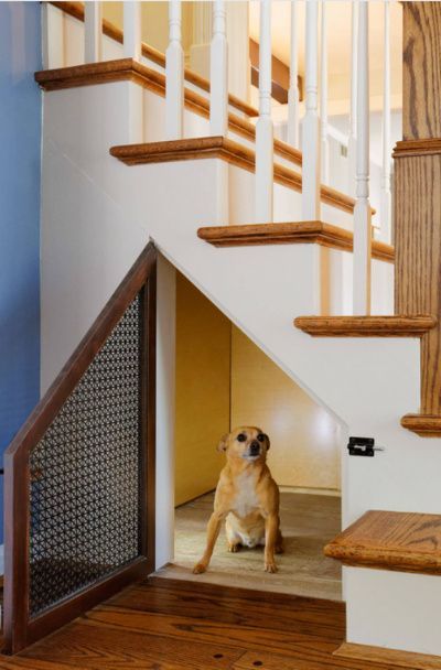 31 Custom Dog House Decor Ideas | Sebring Design Build Dog Under Stairs, Cheap Dog Houses, Under Stairs Dog House, Space Saving Ideas For Home, Room Under Stairs, Custom Dog Houses, Dog Bedroom, Home Engineering, Dog Spaces