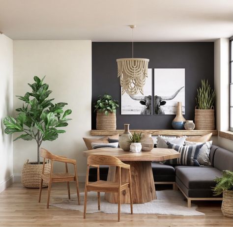 Rustic Breakfast Nook, Rustic Breakfast, Modern Boho Style, Black Accent Walls, Game Nights, Wood Tones, Office Interior Design, Breakfast Nook, Black Accents