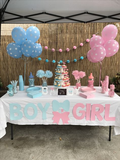 Small And Simple Gender Reveal, Simple Gender Reveal Dessert Table, Gender Reveal Ideas Diy Simple, Gender Reveal Main Table Ideas, Gender Reveal Backdrop Ideas Diy, Table Decorations Gender Reveal, Gender Reveal Table Set Up Outside, Simple Gender Reveal Decorations Outdoor, Backyard Gender Reveal Party Ideas