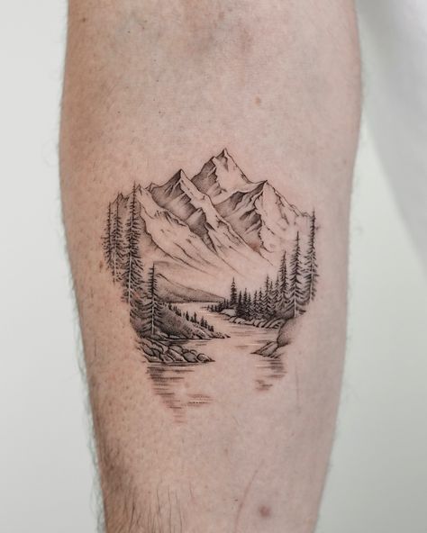 ⛰️ Mountain, River, Forest for Tom. Thank you for your trust and sharing your stories with me. Created at @exp.haus . . . . . #microrealismtattoo #finelinetattoo #londontattoo #londonfinelinetattoo #realistictattoo #tattooidea #londontattoostudio #moutaintattoo #foresttattoo #rivertattoo #mountain Mountain And Stream Tattoo, Half Sleeve Tattoos For Women Upper Arm Mountains, Valley And Mountain Tattoo, Mountain Tattoo Realistic, Detailed Mountain Tattoo, Mountains And River Tattoo, Montana Mountains Tattoo, Outdoor Scene Tattoo, Girly Mountain Tattoo