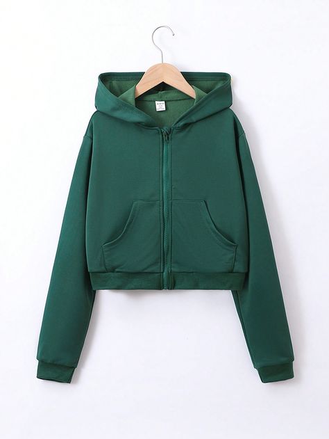 Dark Green Casual Collar Long Sleeve Polyester Plain Zip Up Embellished Non-Stretch  Teen Girls Clothing Green Zip Up Hoodie, Dark Green Jacket, Capsule Wardrobe Style, Jacket For Girls, Dark Forest Green, Girl Sweatshirts, Wardrobe Style, Wardrobe Ideas