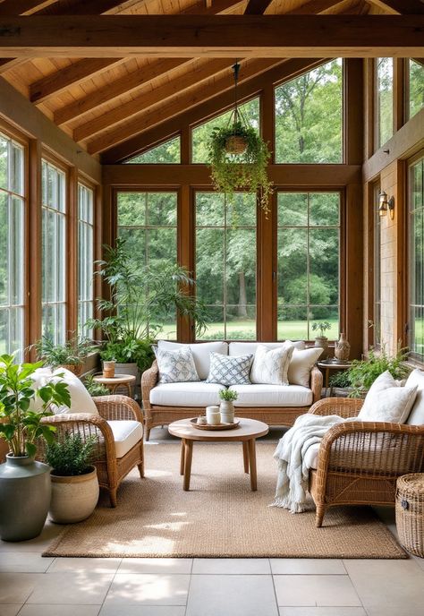 Rustic Living Room Screened In Porch Living Room, 3 Season Sunroom Ideas, Sunroom With Wood Stove, Interior Sunroom Ideas, Rattan Sunroom, Rustic Sunroom Ideas, Sunroom Dining Room Ideas, Sunroom Lounge, Sunrooms Ideas