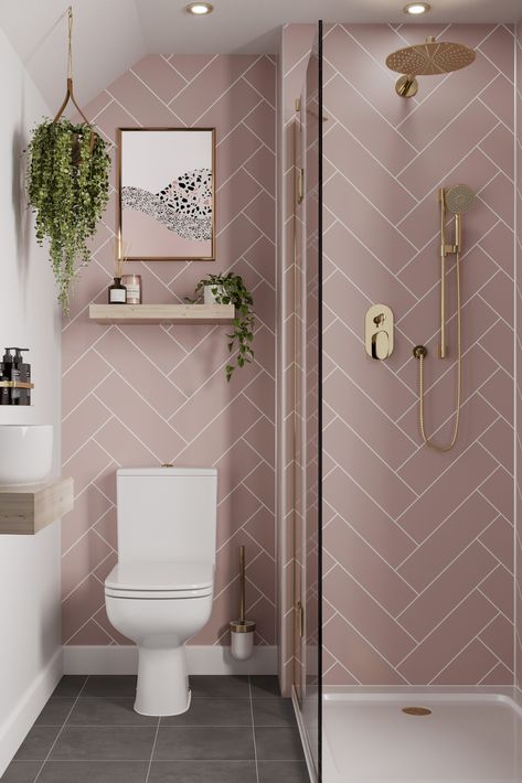 Colour In Bathroom, Latest Bathroom Designs Wall Tiles, Small Bathroom Ideas Girly, Cute Bathroom Ideas Pink, Downstairs Loo Ideas, Purple Tile Bathroom, Pink And Navy Bathroom, Ensuite Shower Room Ideas, Bougie Bathroom