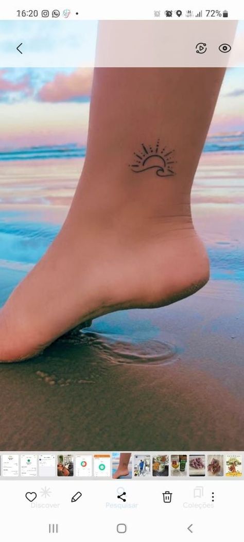 Small Tattoos For Beach Lovers, Sun Over Waves Tattoo, Sunrise Beach Tattoo, Small Wave And Sun Tattoo, Lake Sunset Tattoo, Henna Tattoo Designs Beach, Wave Tattoo On Foot, Ocean Wave Tattoos For Women, Tattoo Mar Ocean