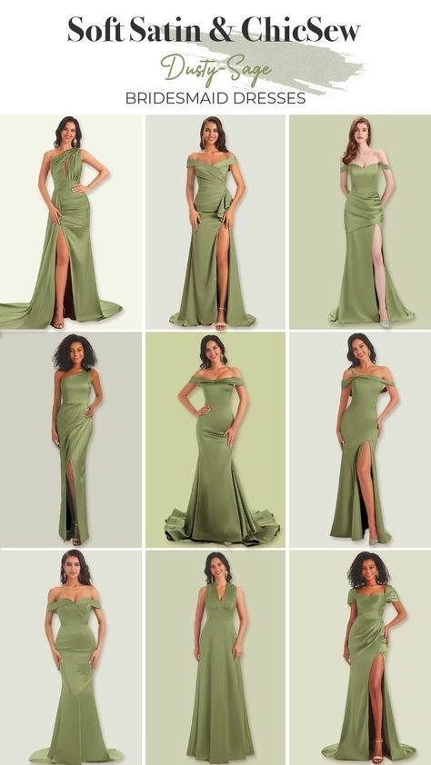 Styles Of Bridesmaid Dresses, Bridesmaid Dresses Color Palette, Satin Bridesmaids, Bridesmaid Dresses Dusty Sage, Sage Bridesmaid Dresses, Natural Make Up Looks, Bridesmaid Attire, Dusty Sage, Maid Of Honour Dresses