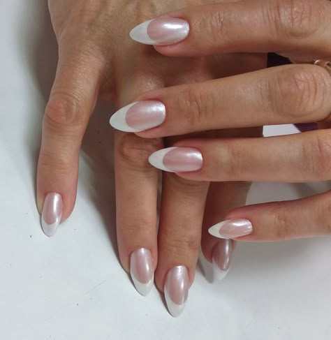 White Crome Nails French Tip, White Tip With Chrome, Pink Chrome French Tip, Pink Chrome French, Heavenly Nails, Chrome French Tip, Classy Almond Nails, Glazed Donut Nails, Donut Nails