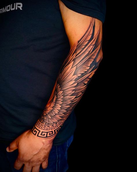 Wing On Forearm Tattoo, Wings On Forearm Tattoo, Wing Tattoo Sleeve, Mens V Line Tattoo, Angel Wings Back Tattoo Women, Wings Forearm Tattoo, Wing Sleeve Tattoo, Western Shoulder Tattoo, Men Forearm Tattoos Ideas Design