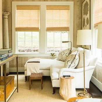 Rosemary Sw, Faux Bois Wallpaper, 1 Color Palette, Phoebe Howard, Media Room Seating, Small Den, Gold Lighting, White Upholstery, Window Seats