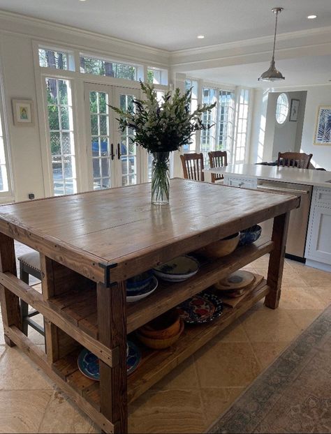 Kitchen With Wood Table Island, Large Movable Kitchen Island, Kitchen Islands From Old Furniture, Large Island Table Kitchen, Large Farmhouse Island Kitchen, Wood Kitchen Island Table, Large Wood Island Kitchen, Open Shelf Island, Wooden Kitchen Island Ideas