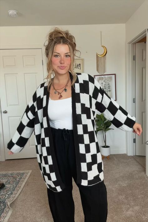 SHENHE Women's Oversized Plaid … curated on LTK Checked Cardigan Outfit, Black And White Cardigan Outfit, Checkered Cardigan Outfit, Checkered Jacket Outfit, Checkerboard Outfit, Checker Cardigan, Black And White Checkered Shirt, Oversized Cardigan Outfit, White Cardigan Outfit