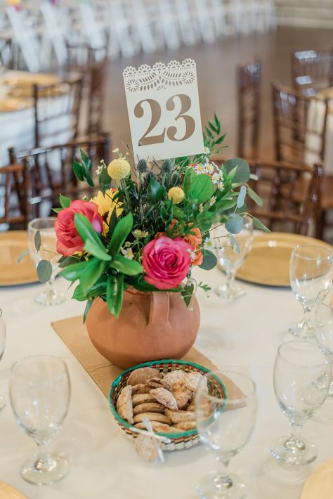 Rustic Mexican Theme Party, Mexican 50th Wedding Anniversary, Mexican Floral Centerpieces, Papel Picado Table Numbers, Loteria Wedding Theme, 75th Birthday Mexican, Rustic Mexican Wedding Decor, Mexican Folk Wedding, Modern Mexican Quinceanera