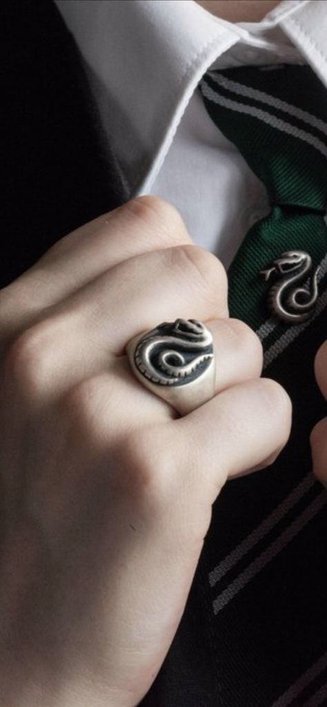 :,( are there any more detailed replicas  very precise like the original? lmk because I haven’t had the luck of finding one. Draco Malfoy Ring, Slytherin Rings, Slytherin Ring, Slytherin Tattoo, Slytherin Jewelry, Slytherin Costume, Harry Potter Ring, Slytherin Wallpaper, Draco Malfoy Aesthetic