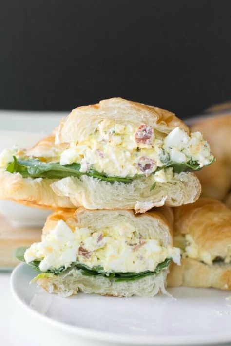 Best Egg Salad Sandwich Ever. Eggs, bacon, chives, Cheddar, cream cheese, and mayo served on a croissant with fresh spinach. ♥ Spaceships and Laser Beams Best Egg Salad Sandwich Recipe, The Best Egg Salad, Egg Salad Sandwich Recipe, Best Egg Salad Recipe, Salad Sandwich Recipe, Celery Recipes, Egg Salad Sandwich, Egg Salad Sandwiches, Salad Wraps