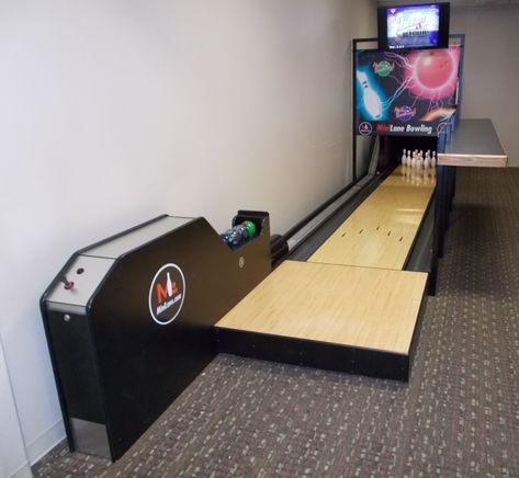 Home Bowling Alley, Arcade Games For Sale, Arcade Room, Basement Layout, Mini Bowling, Basement Gym, Game Room Basement, Diy Basement, Man Cave Home Bar