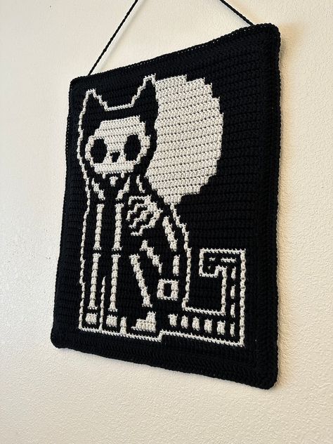 Overlay Mosaic Crochet Cat Skeleton With Moon Wall Hanging - Etsy Crochet Wall Tapestry Pattern Free, Crochet Charts Free Pattern, Bat Tapestry Crochet, Cat Tapestry Crochet, Tapestry Crochet Patrones, Cat Crochet Tapestry, Mosaic Crochet Patterns Free Charts, Crochet Tapestry Wall Hanging, Tarot Card Crochet Tapestry Pattern