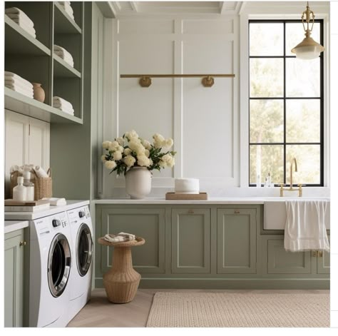 Farmhouse Laundry Rooms, Luxury Modern Farmhouse, Modern Farmhouse Laundry, Modern Farmhouse Laundry Room, Laundry Room Paint Color, Laundry Room/mudroom, Green Laundry, Laundry Room Closet, Modern Laundry Rooms