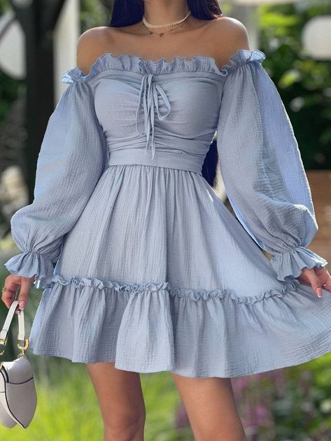 Beautiful Clothes For Women Dresses, Long Puff Sleeve Dresses, Blue Dress Casual Long Sleeve, Casual Off The Shoulder Dress, Princess Sleeves Dress, Mini Dress For Party, Light Blue Short Dress Casual, Light Blue Dress With Long Sleeves, Of The Shoulder Dresses