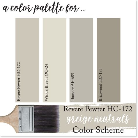 This Revere Pewter Color Scheme is the perfect shades of greige neutrals! Benjamin Moore's Revere Pewter is the star of this color palette that also features, Wind's Breath, Thunder and Briarwood. Check out more on our BLOG! Revere Pewter Color Scheme, Pewter Color Scheme, Revered Pewter Color Scheme, Pewter Revere, Perfect Neutral Paint Color, Relaxing Color Schemes, October Mist, Light Paint Colors, Revere Pewter Benjamin Moore