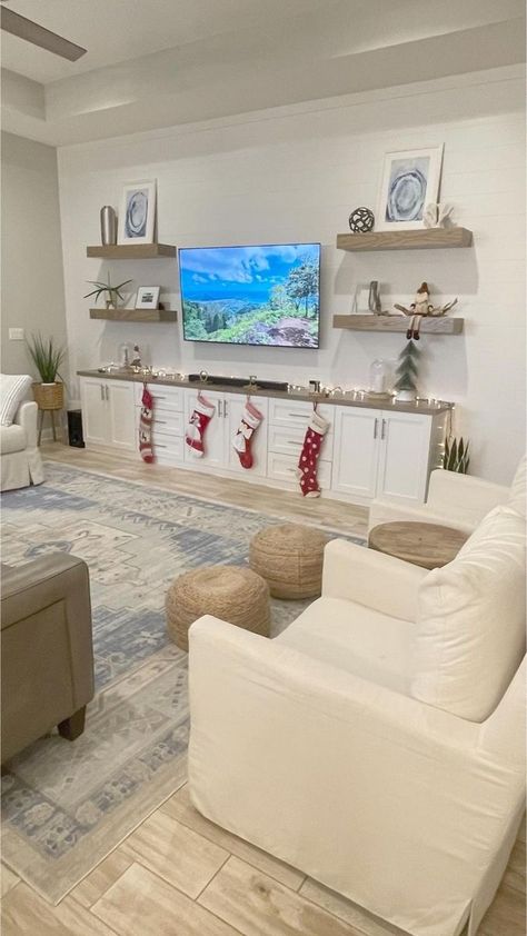 Living Room Designs With Floating Shelves, Home Office Art Work, Media Console With Floating Shelves, Living Room Tv Off Center, Built Ins With No Fireplace, Basement Floating Shelves, Livingroom Floating Shelves, Family Room Design No Fireplace, Off Center Shelves