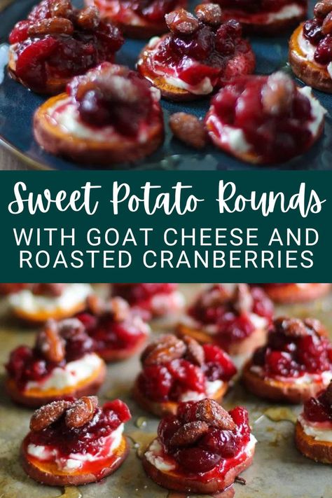 Roasted sweet potato rounds with goat cheese and roasted cranberries make a delightful festive healthy appetizer! Gluten Free Thanksgiving Appetizers, Roasted Sweet Potato Slices, Sweet Potato Rounds, Potato Rounds, Crostini Appetizers, Sweet Potatoe Bites, Thanksgiving Appetizer, Sweet Potato Slices, Fall Appetizers