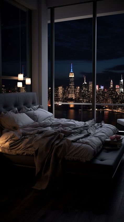 Apartment Aesthetic Dark, Luxury Apartment Aesthetic, New York Apartment Aesthetic, New York Living Room, Bedroom Aesthetic Dark, Dark Bedroom Aesthetic, New York Bedroom, Bedroom Aesthetic Ideas, 80s Interior Design