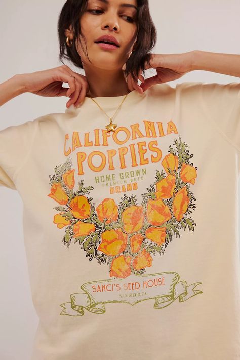 Harvest Vintage Wash Tee | Free People Mama T Shirt Designs, Crunchy Tshirt, Oversized Tshirt Women, Flower Graphic Tee, Embroidered Tops, Graphic Tee Style, Leggings And Socks, California Poppy, Boho Shirts