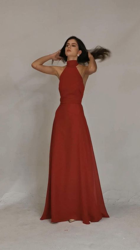 Halter Neck Prom Dress Long, Prom Halter Dress, Bridesmaid Halter Dress, Halter Neck Red Dress, Halter Neck Backless Dress, Halter Neck Dress Formal, Dark Orange Dress, Halter Dress Outfit, Formal Halter Dress