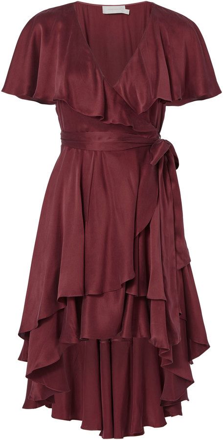 ZIMMERMANN-RTW Zimmermann Flounce Wrap Dress Red ZERO Red High Low Dress, Red Short Sleeve Dress, Red V Neck Dress, Flouncy Dress, Frilled Dress, Frilly Dress, Dresses Burgundy, Red Ruffle Dress, Zimmermann Dresses