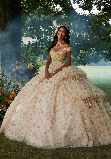 Floral Printed Quinceañera Dress with Three-Dimensional Flowers Cascading Waterfall, Allure Couture, Pretty Quinceanera Dresses, Quinceanera Themes, Quince Dress, Sherri Hill Prom Dresses, Theme Dress, Mori Lee, Quince Ideas