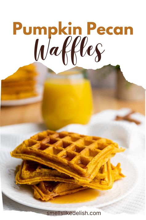 Indulge in the irresistible flavors of Pumpkin Pecan Waffles, a pumpkin spice sensation that will transform your breakfast or brunch routine into a culinary adventure. These soft, chewy waffles are infused with the warm, comforting flavors of pumpkin pie and the nutty crunch of pecans, creating an unforgettable treat that will satisfy your fall cravings. Creamy Green Bean Casserole, Shakshuka With Feta, Recipe With Pecans, Denver Omelette, Pecan Syrup, Pumpkin Waffles Recipe, Pumpkin Pecan Waffles, Crispy Waffles, Spiced Eggnog