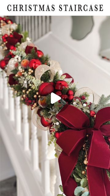 Anna King on Instagram: "#ad I’m officially welcoming guests into my home this Christmas with this extravagant staircase garland I created using the @bluediamond.homeandgarden Christmas range!  This year my theme is all about the fruits & berries & rich colours that remind you of a stately home Christmas! I had so much fun shopping @bluediamond.homeandgarden & was truly spoilt for choice! The most magical part for me is these led cluster lights that took my garland to the next level!  I’ve always wanted to adorn out staircase with a huge garland for the Christmas season so I decided to go big! I will be sharing a more detailed tutorial on how I created this in stories, so don’t miss it!  MY TOP TIPS: ✨Twist 2 or 3 garlands together to create a fuller look ✨Add lights before attaching to yo Traditional Christmas Staircase, Christmas Decoration On Stairs, Red And White Christmas Staircase, Christmas Bannister Decorations, Christmas Stair Case Ideas, Garland Christmas Ideas, Split Level Entryway Christmas Decor, Christmas Decor With Garland, Stairs Christmas Garland