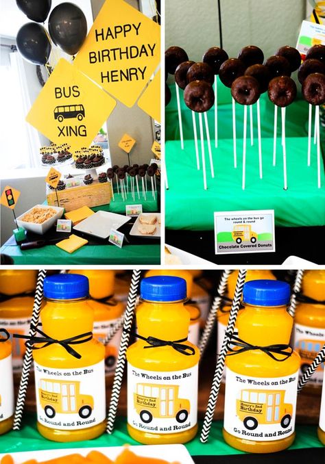 Adorable Wheels on the Bus Themed Birthday Party with Lots of GREAT IDEAS via Kara's Party Ideas Bus Party Ideas Birthdays, School Bus Birthday Party Ideas, School Bus Themed Birthday Party, 2nd Birthday Bus Theme, Bus Themed Birthday Party, Wheels On The Bus Themed Birthday Party, School Bus Theme Birthday Party, Wheels On The Bus Birthday Party Food, School Bus Party Theme