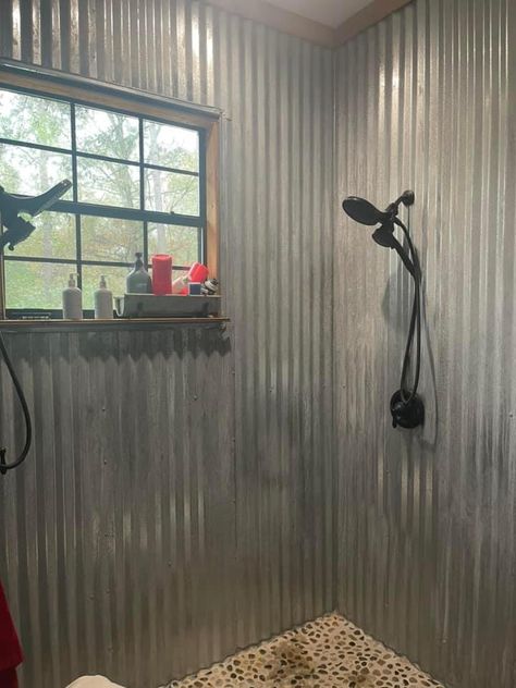 Tin On Walls Ideas Bathroom, Metal Roofing Shower Walls, Corrugated Metal Shower Walls, Tin Bathroom Ideas, Metal Shower Walls, Tin Shower Walls, Toilet Basin Design, Corrugated Metal Shower, Mabati House