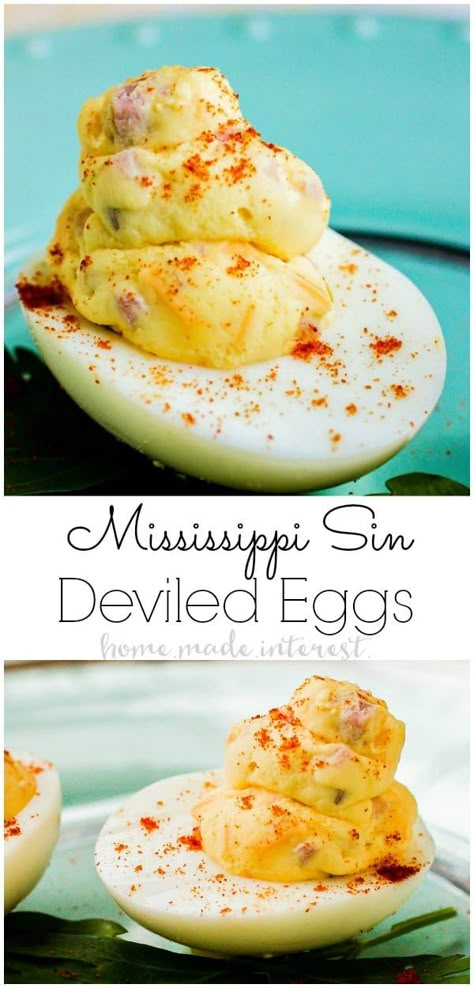 These Mississippi Sin Deviled Eggs turn a classic southern dip into one amazing deviled egg recipe! Creamy egg yolks, ham, and cheese make these deviled eggs an Easter appetizer or summer potluck recipe you don't want to miss! They also make a great low carb snack. This keto diet recipe is perfect for a quick snack or an easy lunch or dinner. #potluck #deviledegg #lowcarb #Easter #homemadeinterest Gourmet Deviled Eggs, Dinner Potluck, Summer Potluck Recipes, Easter Appetizer, Deviled Egg Recipe, Devilled Eggs Recipe Best, Summer Potluck, Deviled Eggs Easy, Best Deviled Eggs